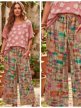 Boho Plaid Wide-Leg Drawstring Pants - Pink Multi